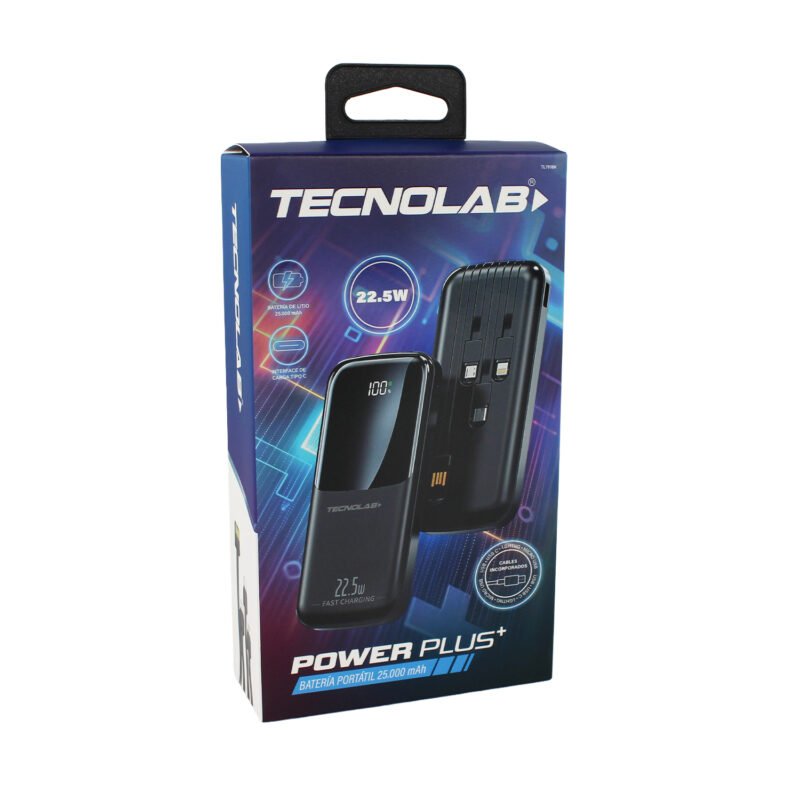 powerbank tecnolab 25000mah 22,5w incluye 4 cables, tipo c, usb, micro usb y lightning. black — vista 2
