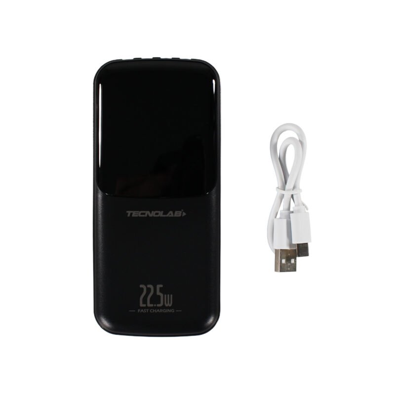 powerbank tecnolab 25000mah 22,5w incluye 4 cables, tipo c, usb, micro usb y lightning. black — vista 3