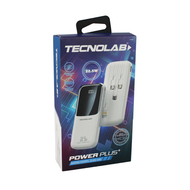 powerbank tecnolab 25000mah 22,5w incluye 4 cables, tipo c, usb, micro usb y lightning. white — vista 3