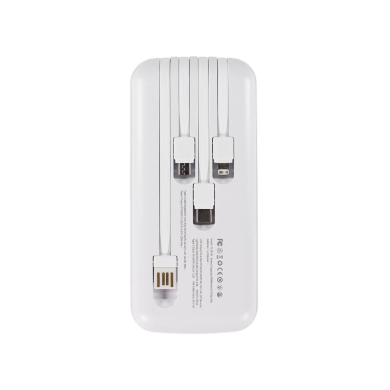 powerbank tecnolab 25000mah 22,5w incluye 4 cables, tipo c, usb, micro usb y lightning. white — vista 5