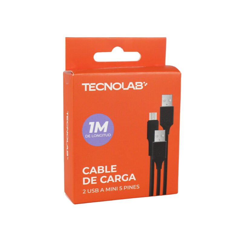 cable tecnolab doble usb a mini usb 5 pines. 1 metro. black — vista 2