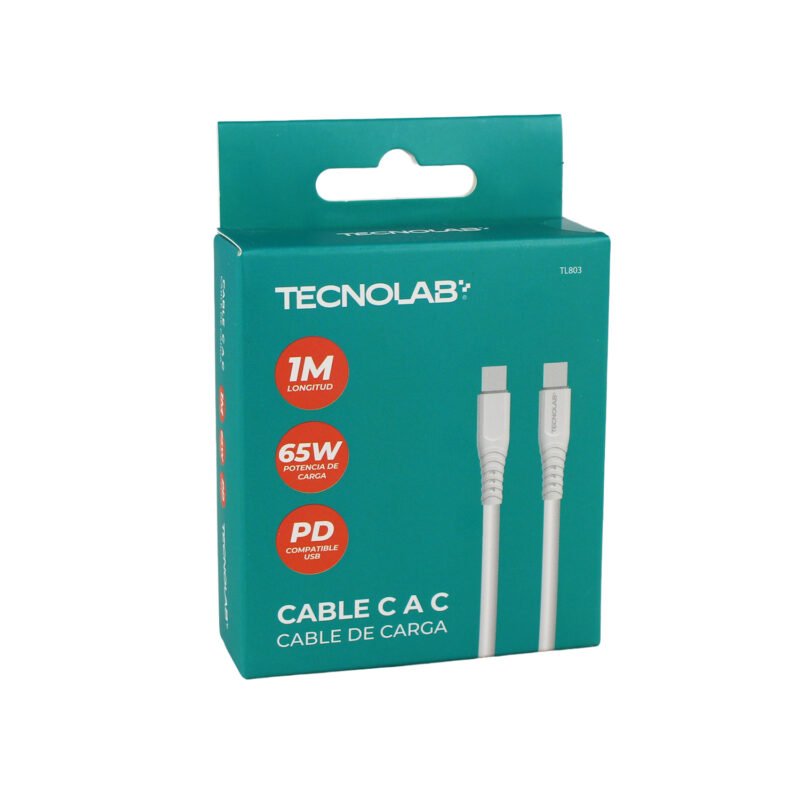 cable tecnolab 65w tipo c a c. compatible usb pd 1 metro. white — vista 2