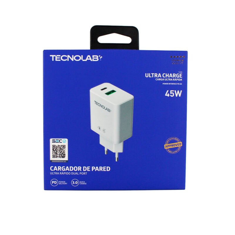 cargador tecnolab qc 3.0 + pd 45w. dual port, sin cable. certificacion sec. white — vista 3