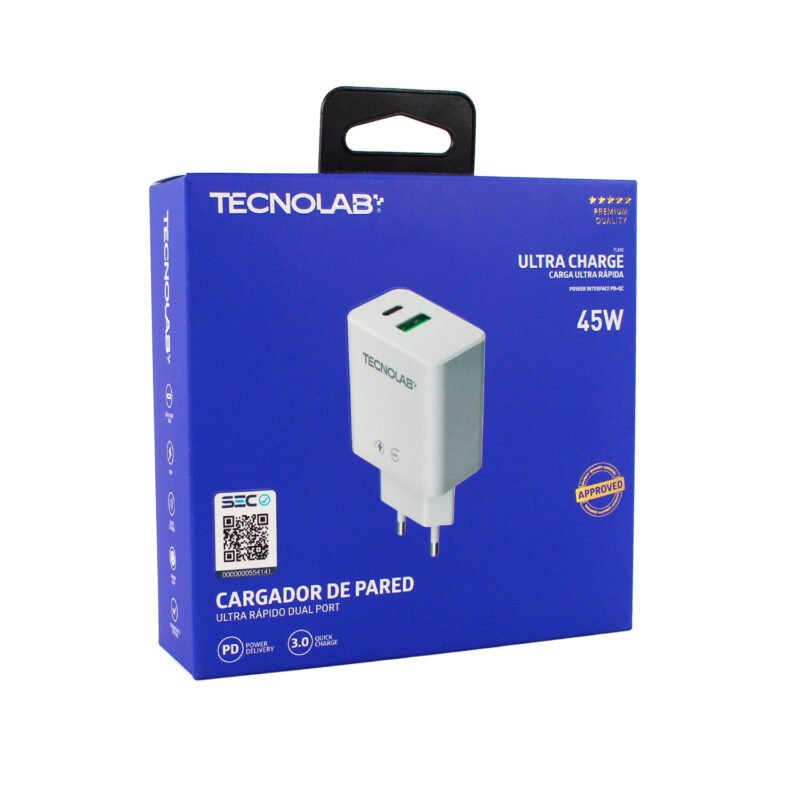 cargador tecnolab qc 3.0 + pd 45w. dual port, sin cable. certificacion sec. white — vista 8