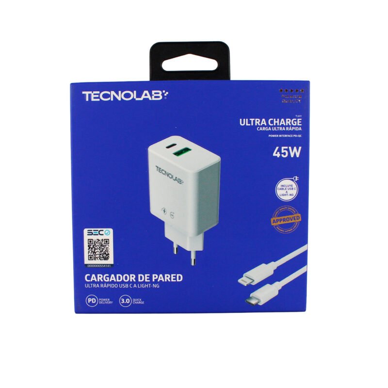 cargador tecnolab qc 3.0 + pd 45w con cable tipo c a lightning. certificacion sec. white. — vista 3