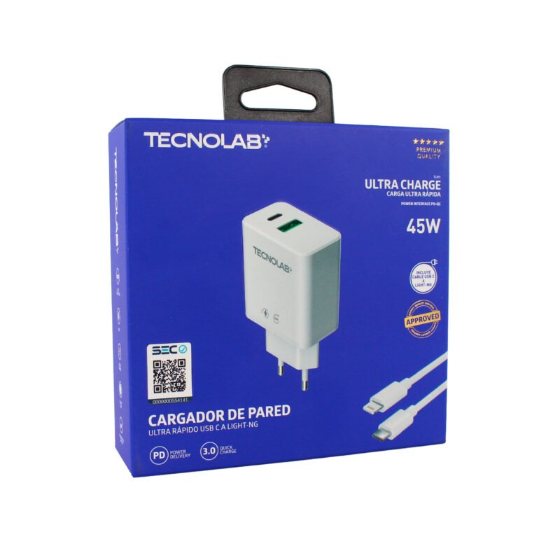 cargador tecnolab qc 3.0 + pd 45w con cable tipo c a lightning. certificacion sec. white. — vista 4