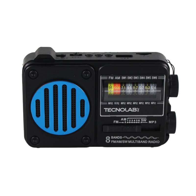 radio solar tecnolab portatil am/fm/sw, usb/tf, luz led, carga solar, bt, bateria 18650, antena telescopica, 15w. interfaz tipo c. blue — vista 2