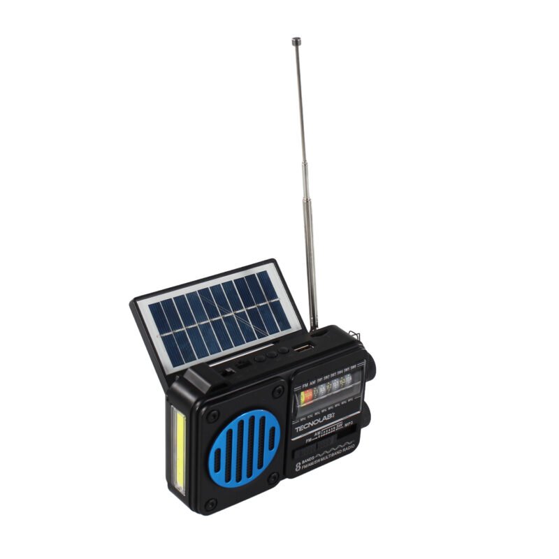 radio solar tecnolab portatil am/fm/sw, usb/tf, luz led, carga solar, bt, bateria 18650, antena telescopica, 15w. interfaz tipo c. blue — vista 4