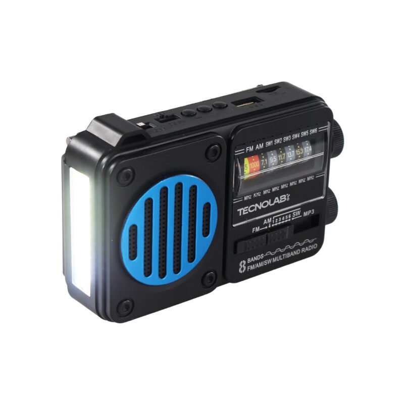 radio solar tecnolab portatil am/fm/sw, usb/tf, luz led, carga solar, bt, bateria 18650, antena telescopica, 15w. interfaz tipo c. blue — vista 6