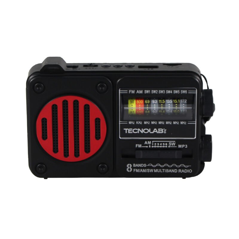 radio solar tecnolab portatil am/fm/sw, usb/tf, bt, luz led, carga solar, bateria 18650, antena telescopica, 15w. interfaz tipo c. red — vista 2