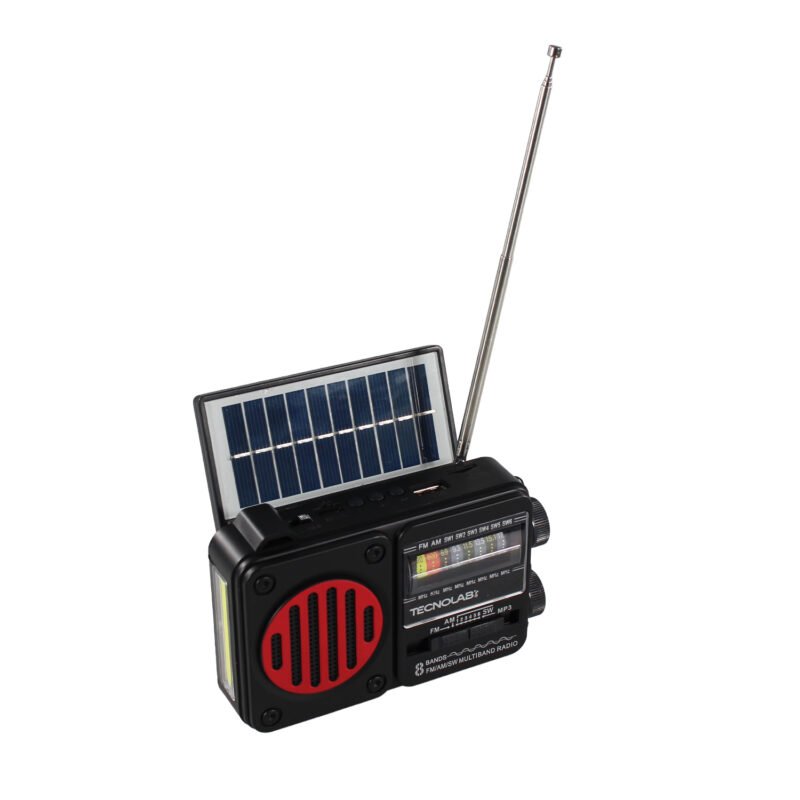 radio solar tecnolab portatil am/fm/sw, usb/tf, bt, luz led, carga solar, bateria 18650, antena telescopica, 15w. interfaz tipo c. red — vista 3