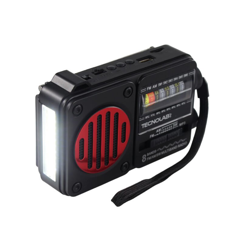 radio solar tecnolab portatil am/fm/sw, usb/tf, bt, luz led, carga solar, bateria 18650, antena telescopica, 15w. interfaz tipo c. red — vista 5