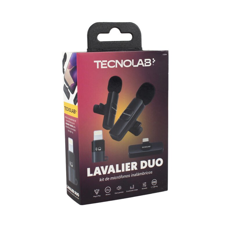 kit microfono de 2 lavalier inalambricos tecnolab para celular con receptores tipo c y lightning, alcance 25 metros. black — vista 2