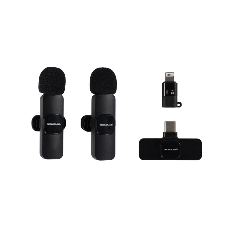 kit microfono de 2 lavalier inalambricos tecnolab para celular con receptores tipo c y lightning, alcance 25 metros. black — vista 3