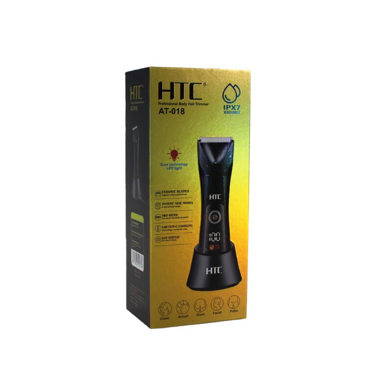 afeitadora htc corporal inalambrica con cuchilla de ceramica, 2 velocidades ajustables, incluye peines, con base de carga tipo c y pantalla led.
