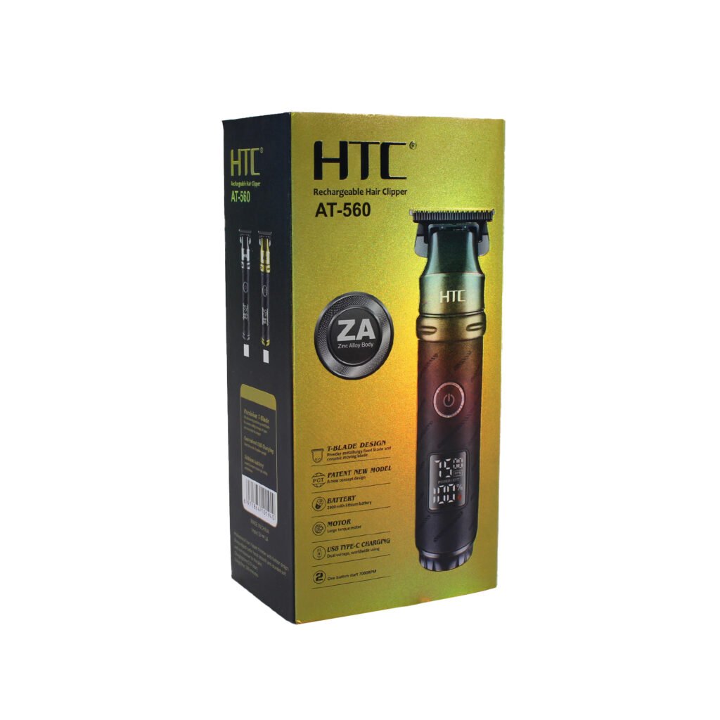 cortadora de pelo htc con doble hoja fija y movil ceramica. bateria 2000 mah, dos velocidades, recargable tipo c. incluye 3 peines, cepillo, base de carga, aceite lubricante, cable de carga usb.