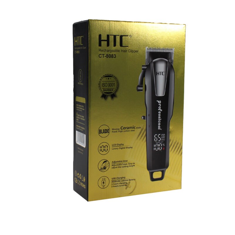cortadora de pelo profesional htc con cuchilla de ceramica, longitud de corte ajustable con palanca, recargable tipo c y pantalla lcd