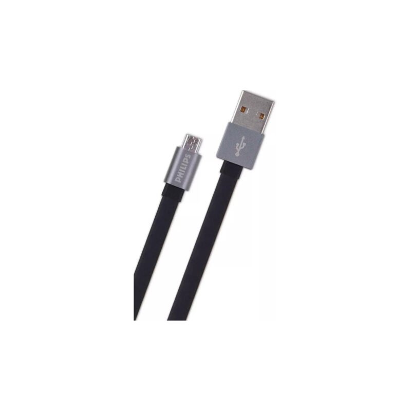cable philips usb a micro usb, sincronizacion y carga, 1.2m, compatible cargadores de auto y pared, compatibilidad universal, plano. black