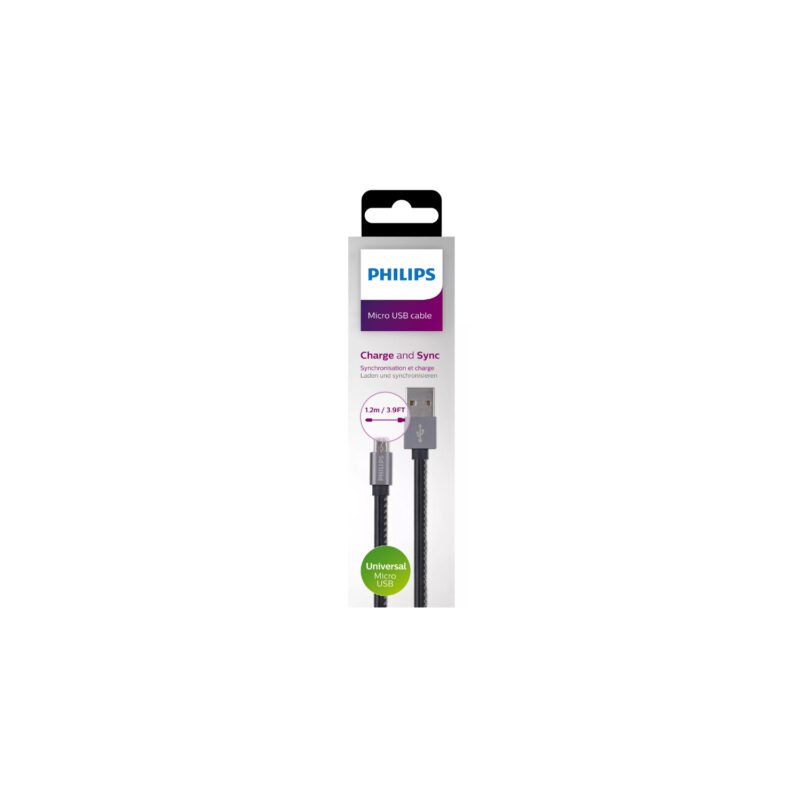 cable philips usb a micro usb, sincronizacion y carga, 1.2m, compatible cargadores de auto y pared, compatibilidad universal, plano. black — vista 4