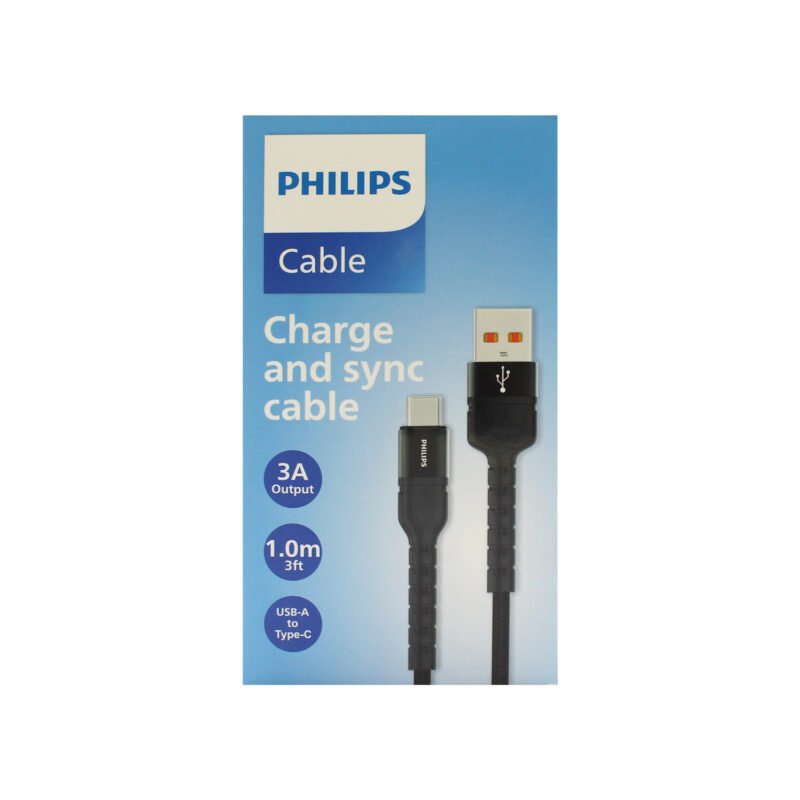 cable philips usb 3,0 a tipo c 3 amp trenzado 1 mt black
