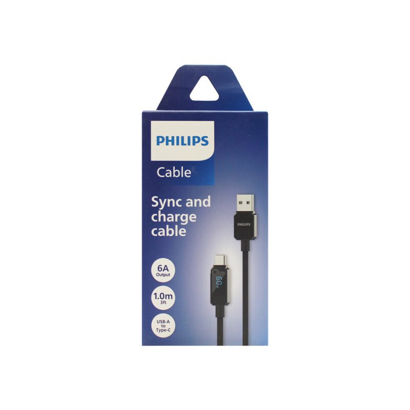 cable philips usb 3.2 a tipo c 6 amp 1 mt con pantalla led trenzado black