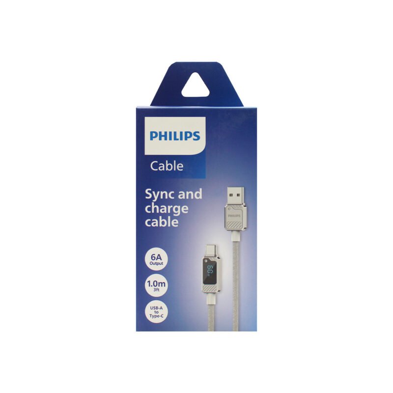 cable philips usb 3.2 a tipo c 6 amp 1 mt con pantalla led trenzado black