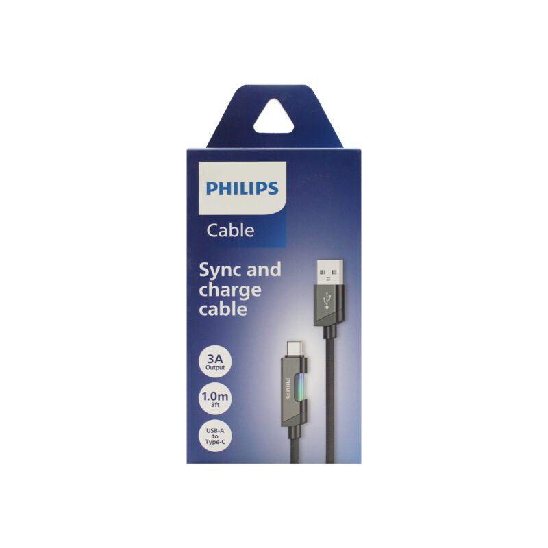 cable philips usb 3.0 a tipo c 3amp 1 mt con luz led trenzado black