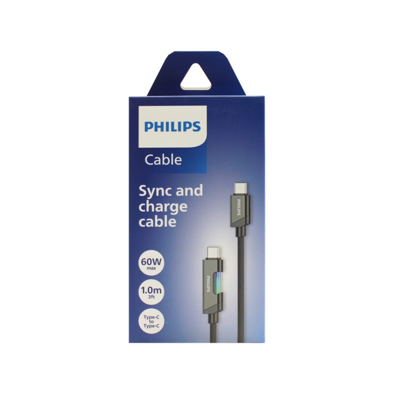 cable philips tipo c 3.2 a tipo c 60ws 1 mt con luz led trenzado black