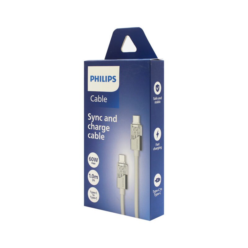 cable philips tipo c 3.2 a tipo c soporta 60ws 1 mt trenzado punta transparente white