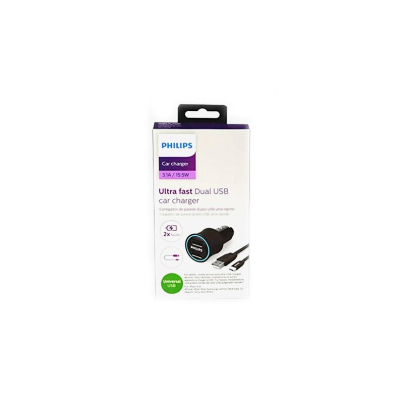 cargador philips para automovil usb doble ultra rapido 3,1a con cable