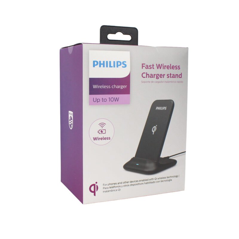 soporte philips de cargador inalambrico, carga rapida, compatible celulares, voltaje de salida 10w, conector micro usb.