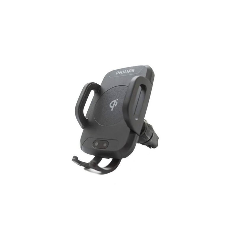 soporte philips para automovil con cargador inalambrico, brazos autoajustables, gira 360°, sensor infrarrojo, carga qi, incluye cable.