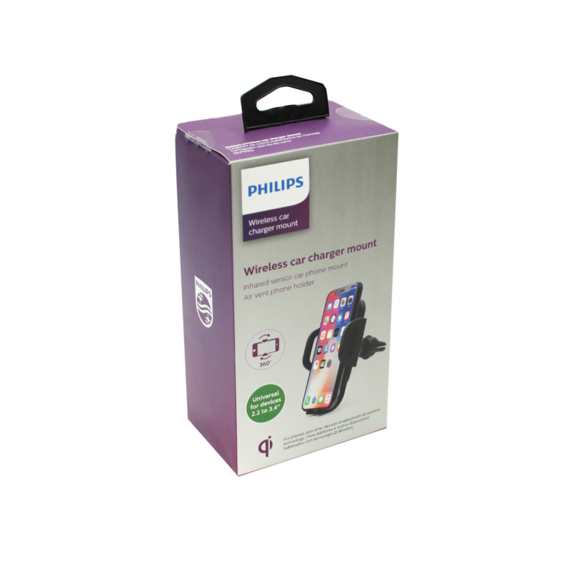 soporte philips para automovil con cargador inalambrico, brazos autoajustables, gira 360°, sensor infrarrojo, carga qi, incluye cable. — vista 4