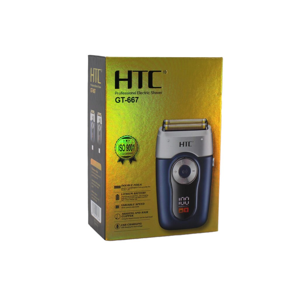 afeitadora inalambrica htc con doble lamina hipoalergenica, control de 3 velocidades, pantalla lcd y recargable tipo c