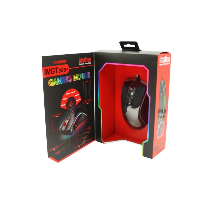 mouse imation imgt300 10000 dpi, 8 botones, sensor pixart 3325, rgb led 11 modos, cable 1.7m, conector usb oro. — vista 3