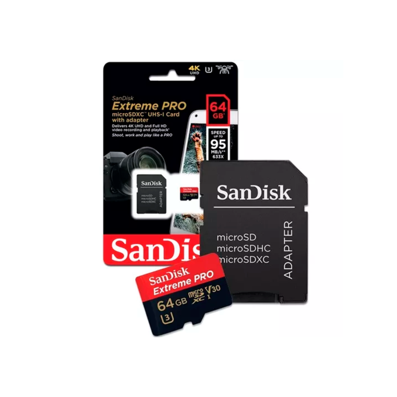 micro sd 64 gb sandisk extreme pro c10/u3/v30 170mb/80mb con adaptador — vista 2