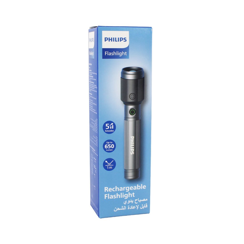 linterna philips recargable usb tipo c led 15w, bateria de 1200mah, 650 lumenes y alcance de 300 metros. lente ajustable