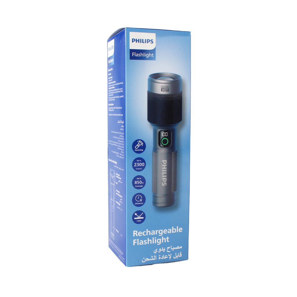 linterna philips recargable usb tipo c led 60w, bateria de 4500mah, 2300 lumenes y alcance de 850 metros. lente ajustable