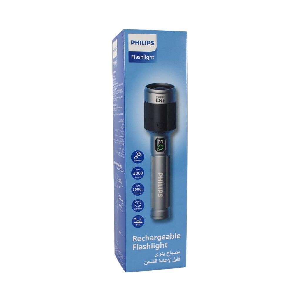 linterna philips recargable usb tipo c led 60w, bateria de 9000mah 3000 lumenes y alcance de 1000 metros. lente ajustable