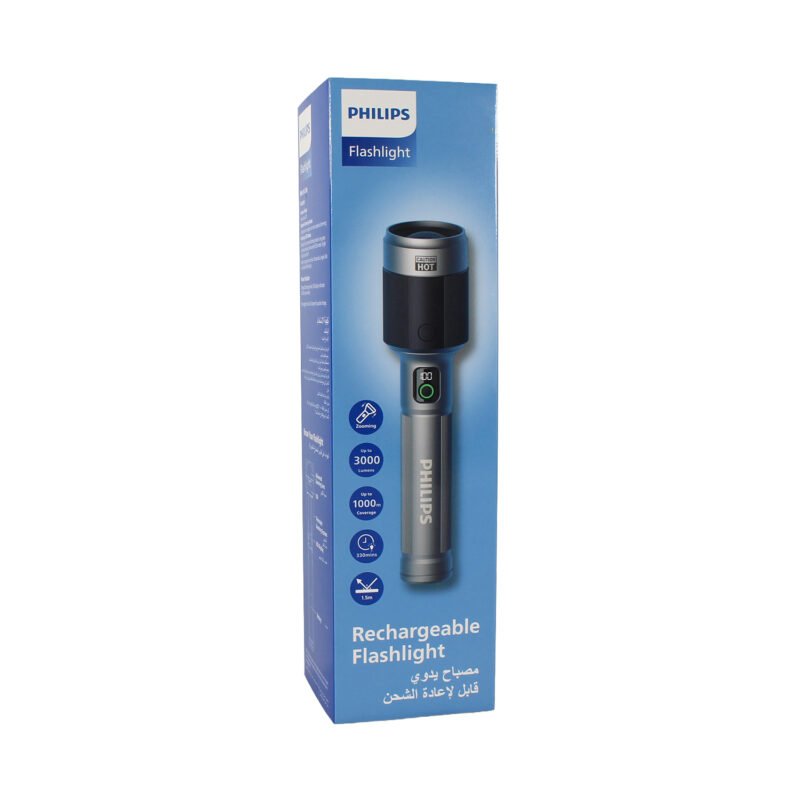 linterna philips recargable usb tipo c led 60w, bateria de 9000mah 3000 lumenes y alcance de 1000 metros. lente ajustable