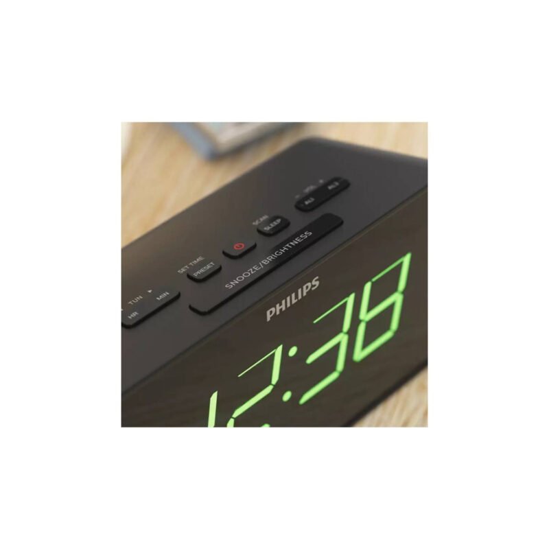 reloj despertador philips con radio fm, dual, temporizador, pantalla clara y ajuste de brillo. — vista 3