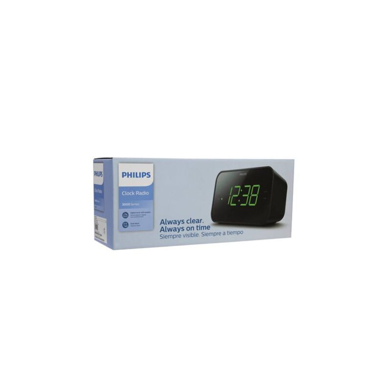 reloj despertador philips con radio fm, dual, temporizador, pantalla clara y ajuste de brillo.