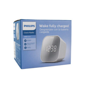 reloj despertador philips con carga usb, dual, radio fm y temporizador.