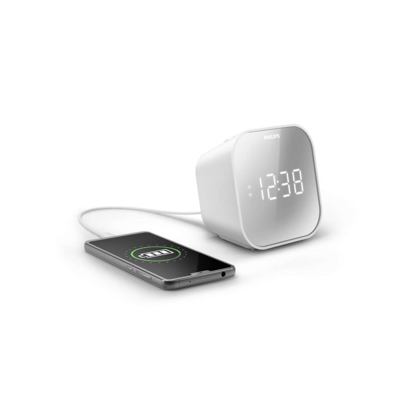 reloj despertador philips con carga usb, dual, radio fm y temporizador. — vista 4