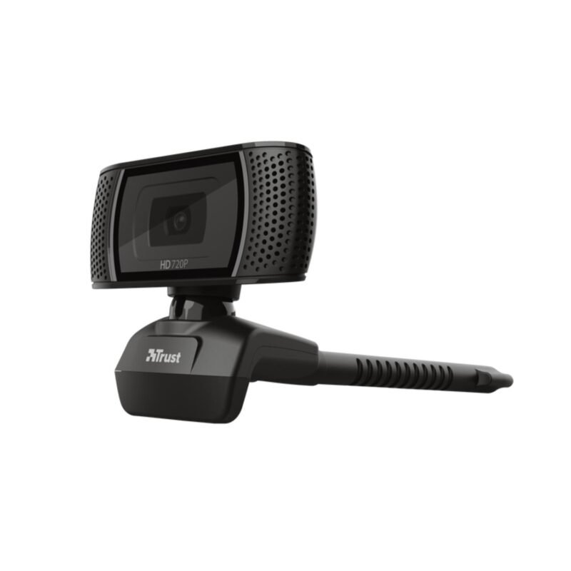 camara web trust 720p, botones para foto, microfono incorporado, color, brazo ajustable. black — vista 3