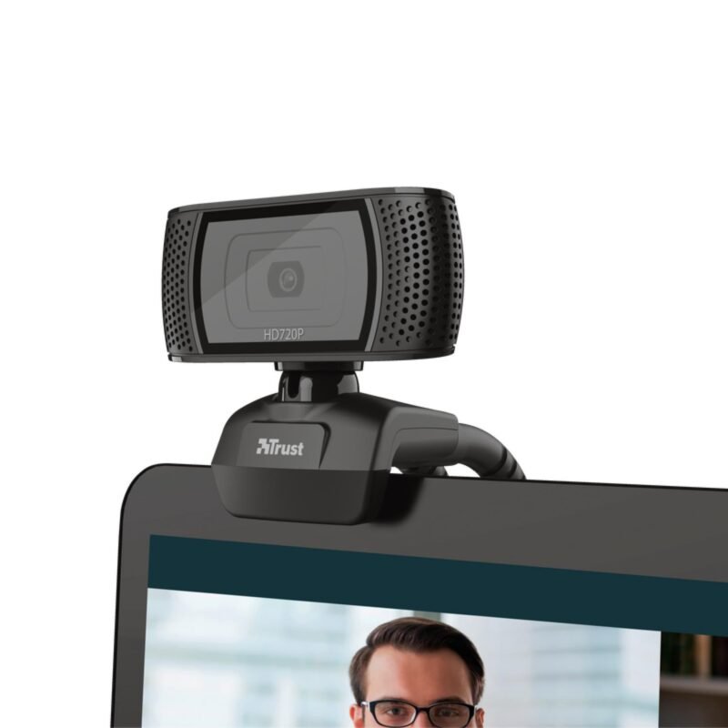 camara web trust 720p, botones para foto, microfono incorporado, color, brazo ajustable. black — vista 4