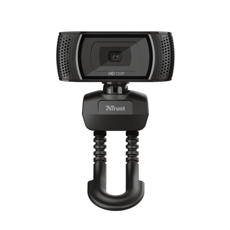 camara web trust 720p, botones para foto, microfono incorporado, color, brazo ajustable. black — vista 5