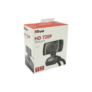 camara web trust 720p, botones para foto, microfono incorporado, color, brazo ajustable. black