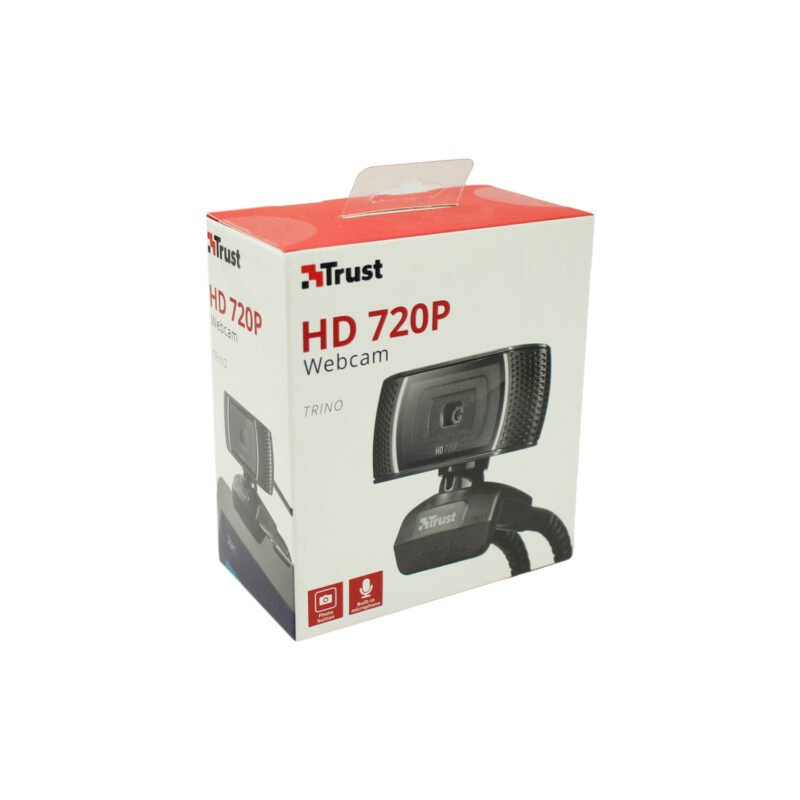 camara web trust 720p, botones para foto, microfono incorporado, color, brazo ajustable. black