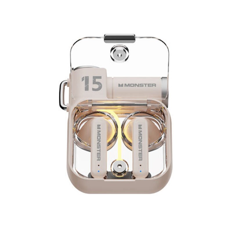 audifono monster inalambricos bt v5.3, baja latencia para videojuegos, modo de reposo largo, cancelacion activa de ruido. beige